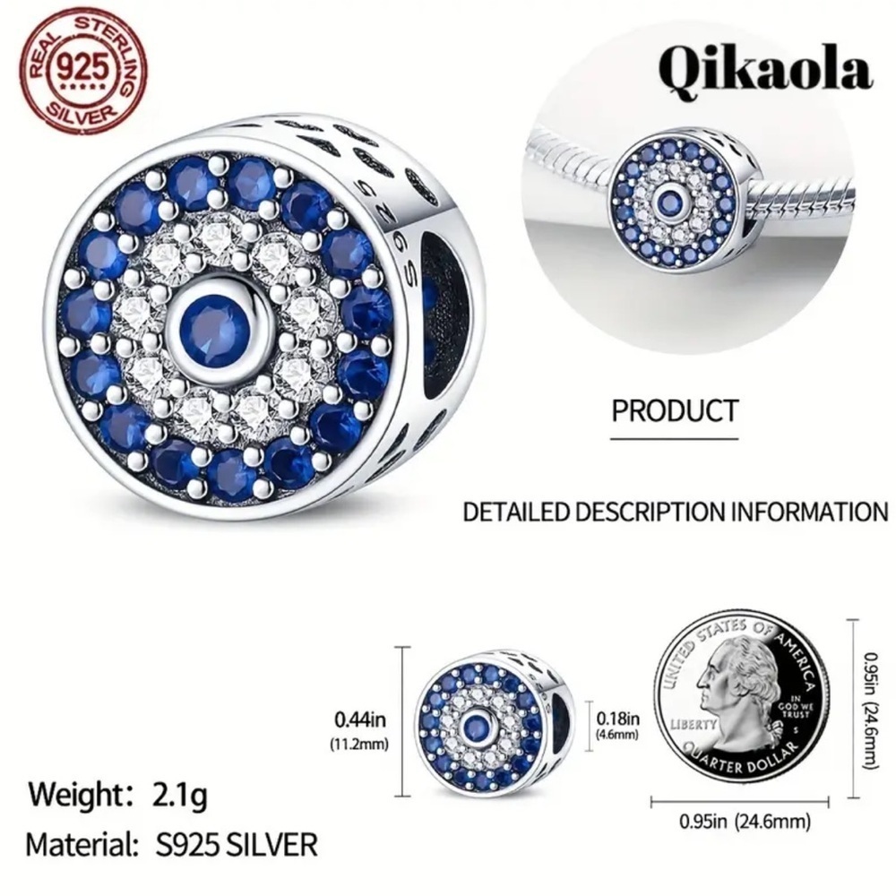 S925 Sterling Silver & Blue EVIL EYE CZ Charm/Pendant - NWT - Picture 4 of 5